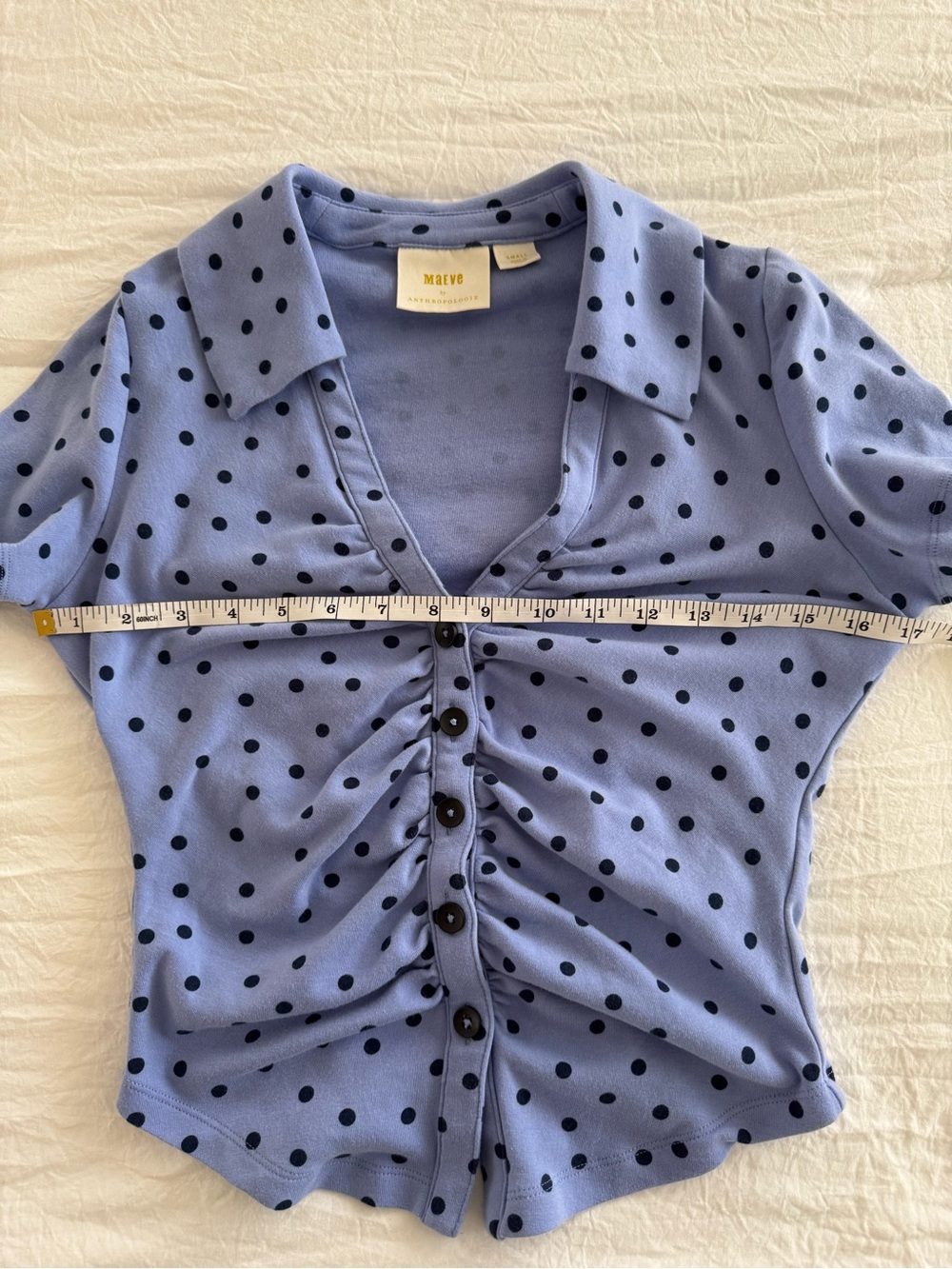 Maeve By Anthropologie Purple Polka Dot Ruched Button Front Blouse Top - Picture 5 of 8